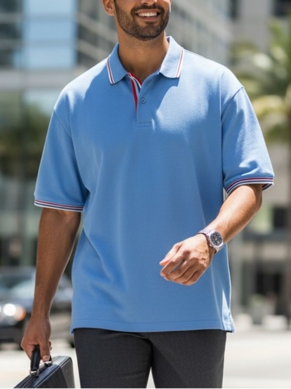 Boden Men's Polo Shirt XL Blue with Contrast Striped Trim